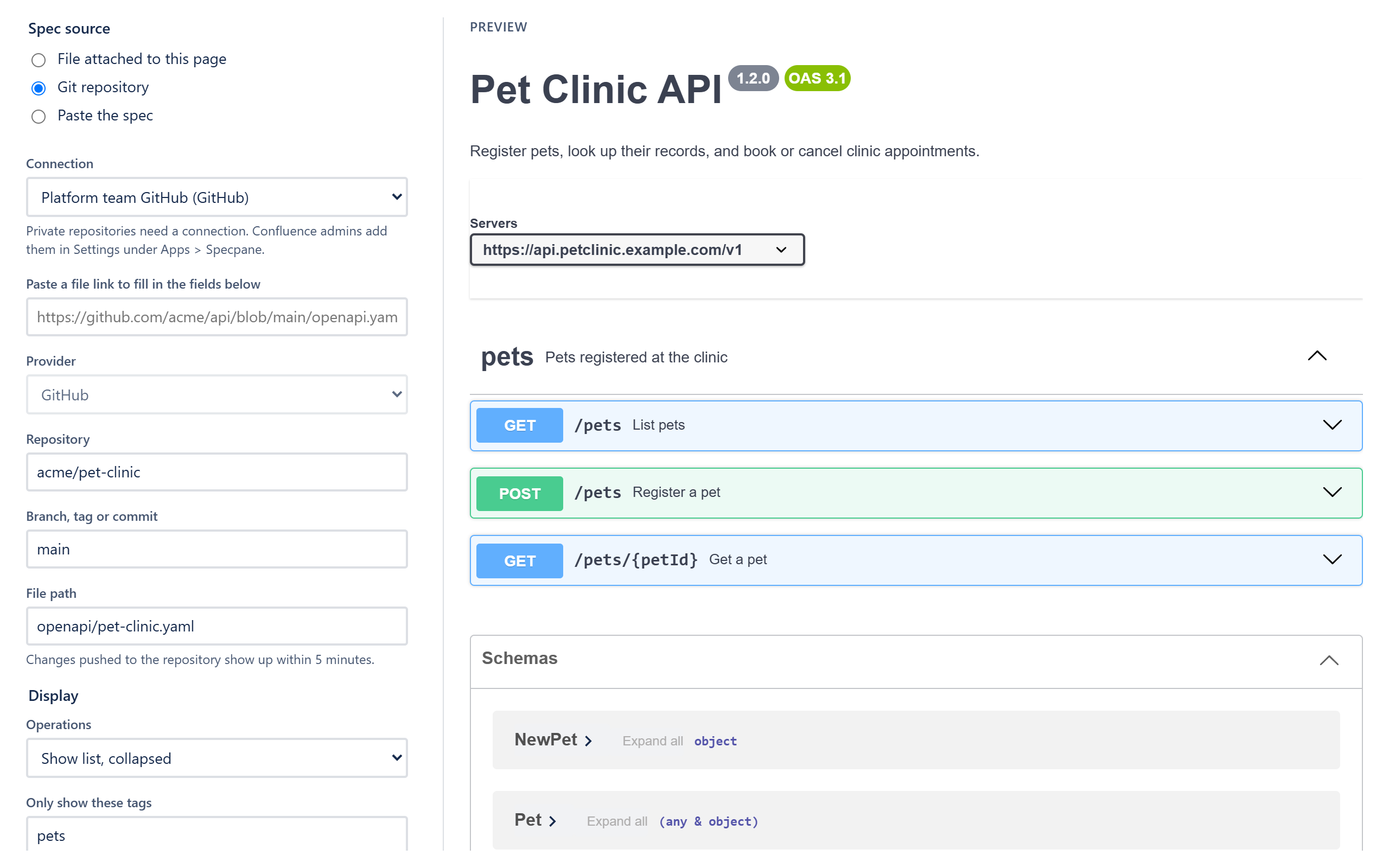Specpane's settings dialog with a GitHub repository chosen on the left and a live preview of the API documentation on the right