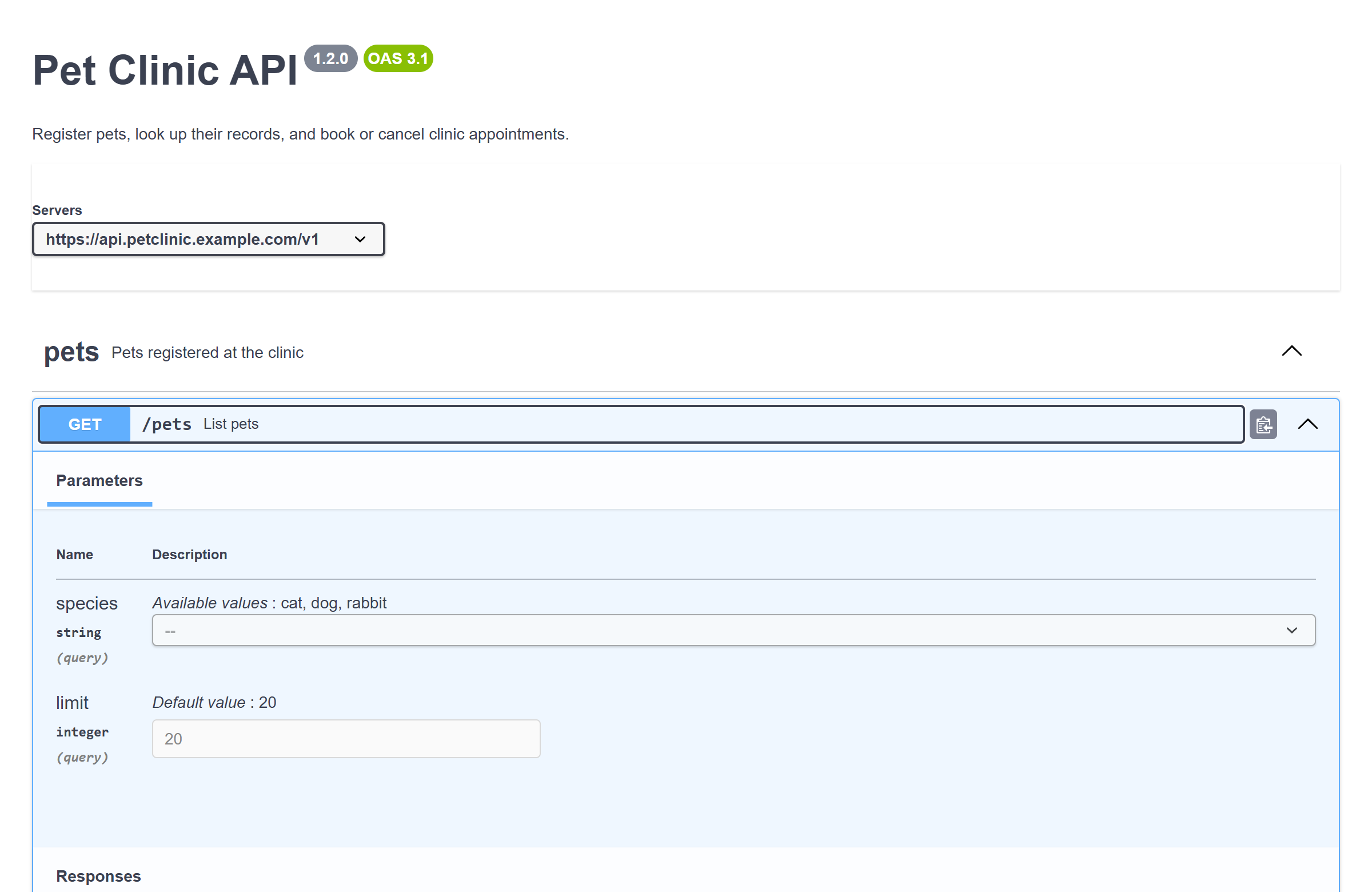 An API reference rendered by Specpane, with one operation expanded to show its parameters